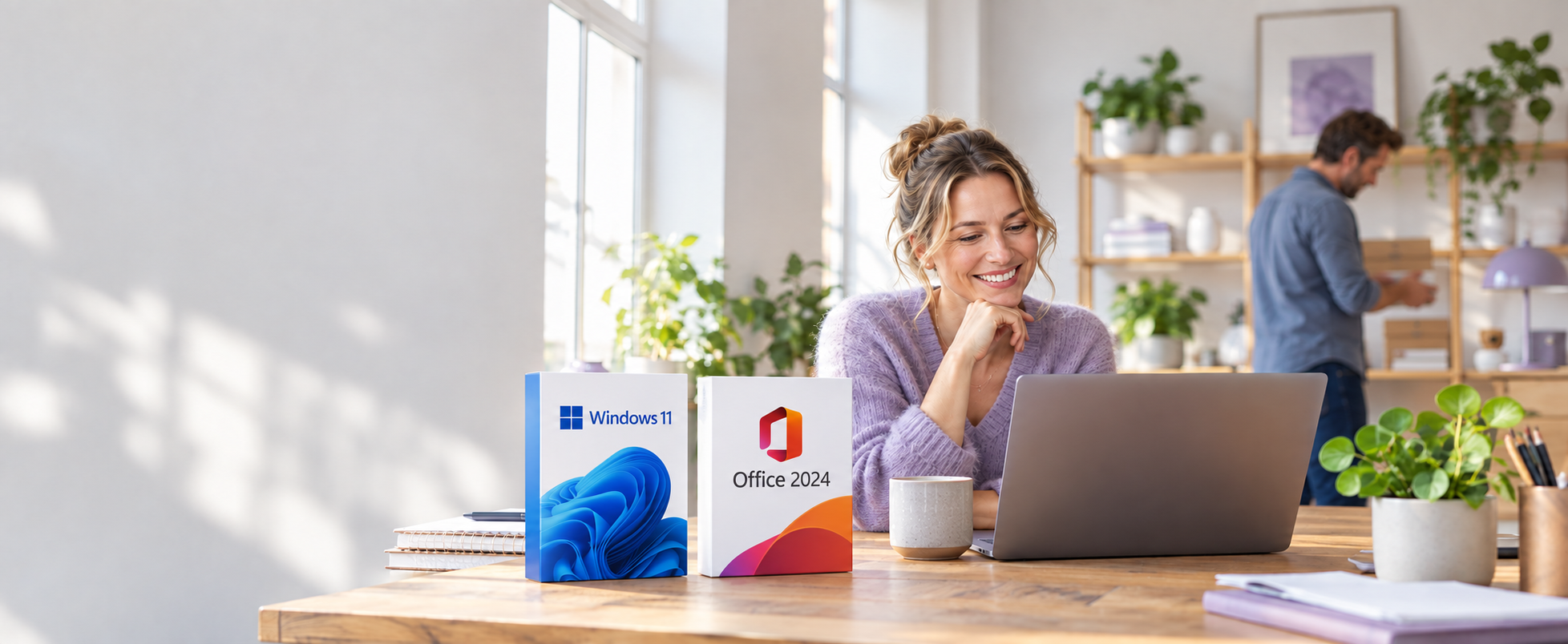 Programvaruboxar för Windows 11 och Office 2024 på ett skrivbord vid en bärbar dator